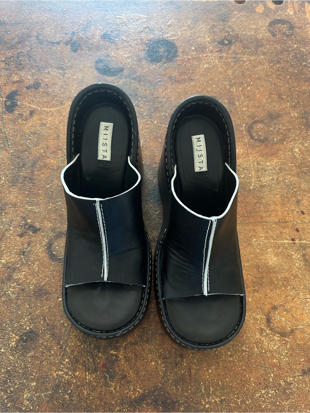 Miista Black Leather Open-Toe Mules with White Stitching